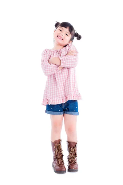 Volle Länge Der Kleine Asiatische Mädchen Lächelnd Über Weißen Hintergrund — Stockfoto