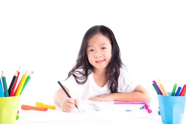 Genç Asyalı Kız Beyaz Arka Plan Üzerinde Resim Çizim — Stok fotoğraf