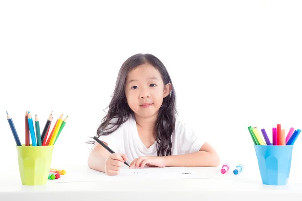 Young Asian Girl Drawing Picture White Background Stock Image