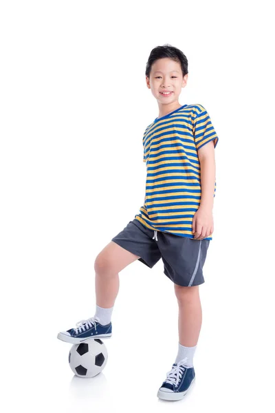 Young Asian Boy Playing Football White Background — Stock Photo, Image