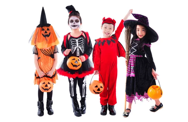 Grupo Niños Asiáticos Con Disfraz Halloween Pie Sobre Fondo Blanco — Foto de Stock