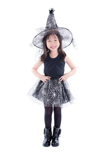Όλο Μήκος Της Μικρό Ασιατικό Κορίτσι Φορώντας Κοστούμι Μάγισσα Για — Φωτογραφία Αρχείου