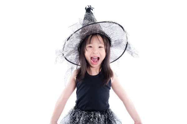 Aziatische Meisje Draagt Heks Kostuum Voor Halloween Geïsoleerd Witte Achtergrond — Stockfoto