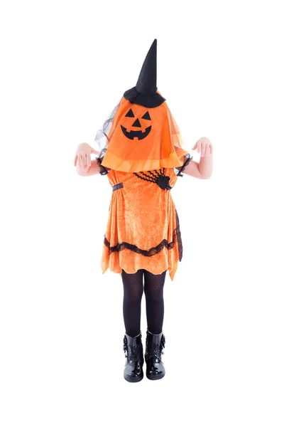 Lunghezza Completa Della Bambina Che Indossa Costume Halloween Piedi Sfondo — Foto Stock