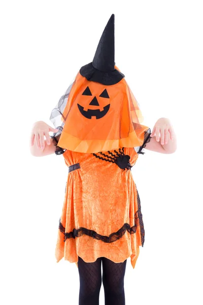Meisje Draagt Halloween Kostuum Permanent Witte Achtergrond — Stockfoto