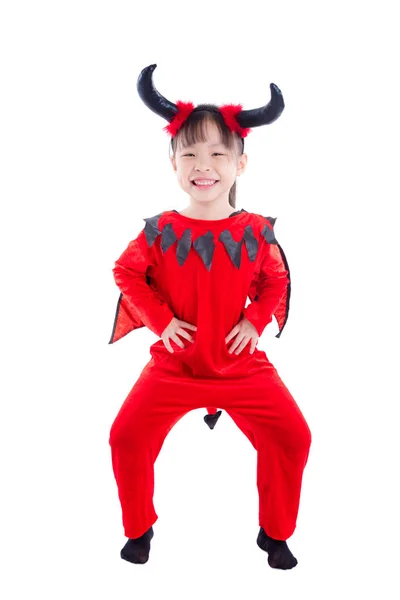 Petite Fille Asiatique Costume Diable Halloween Debout Sur Fond Blanc — Photo