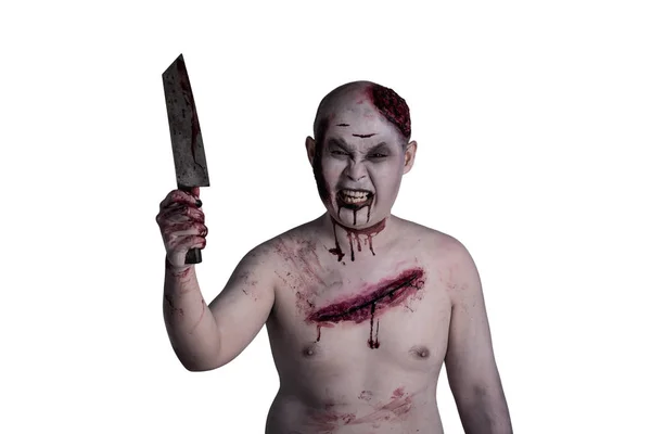Homme Zombie Tenant Couteau Sur Fond Blanc — Photo