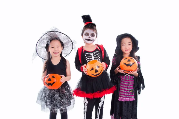 Grupo Niños Asiáticos Con Disfraz Halloween Pie Sobre Fondo Blanco — Foto de Stock