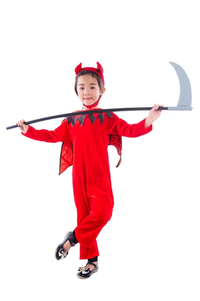 Volledige Lengte Van Aziatische Schattig Meisje Permanent Rode Kwaad Halloween — Stockfoto