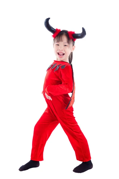 Pouco Asiático Menina Diabo Halloween Traje Sobre Branco Fundo — Fotografia de Stock