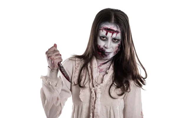 Азіатський Жінка Зомбі Проведення Ножем Ізольовані Над Білим Тлом — стокове фото