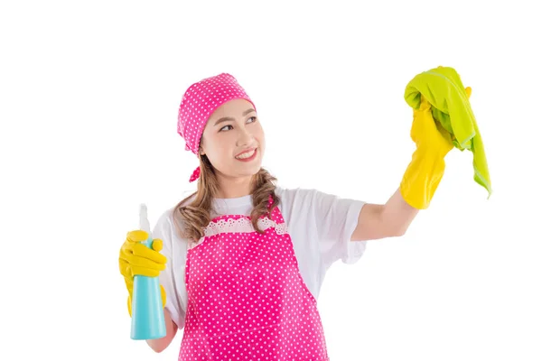 Bela Ásia Empregada Doméstica Rosa Avental Isolado Sobre Branco Fundo — Fotografia de Stock