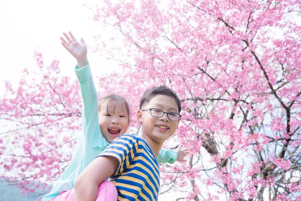 Trochę szczęśliwy dziewczyna z jej brat gry przed kwitnący wiśniowe drzewo. — Zdjęcie stockowe