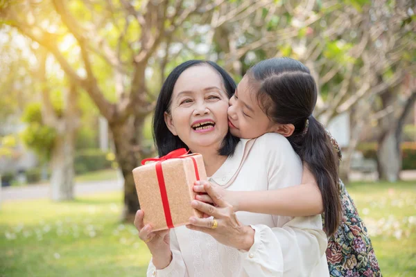 Asian granddaughter giving birthday gift for granddaughter — Stock Photo, Image