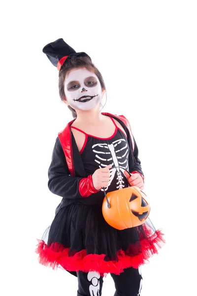 Happy asian girl in halloween skeleton costume — Stock Photo, Image