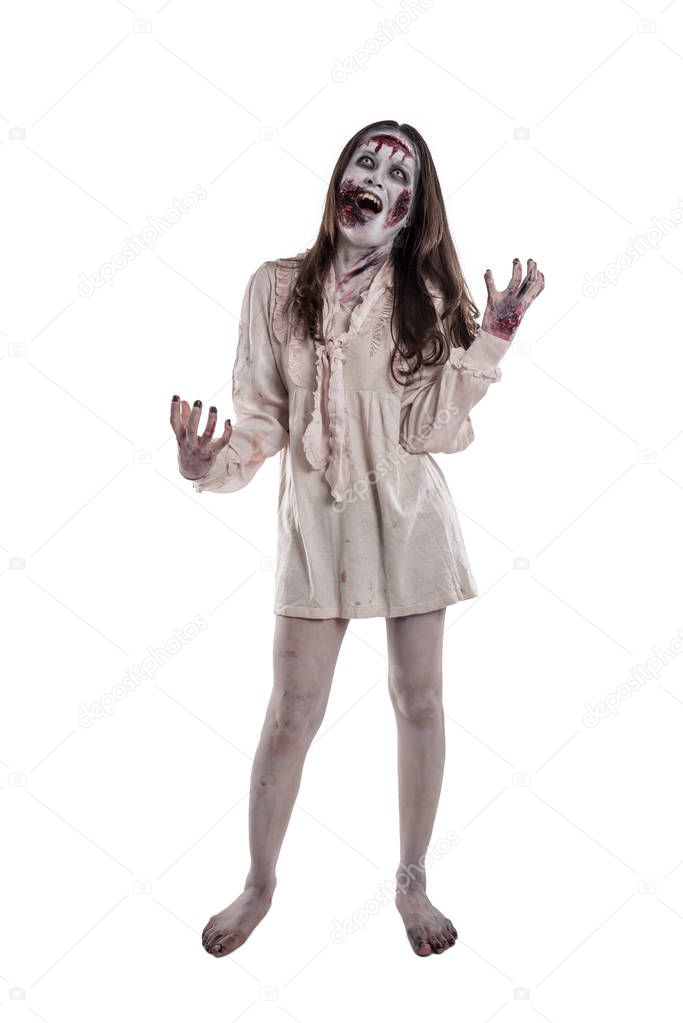 Full length of female zombie isolated over white