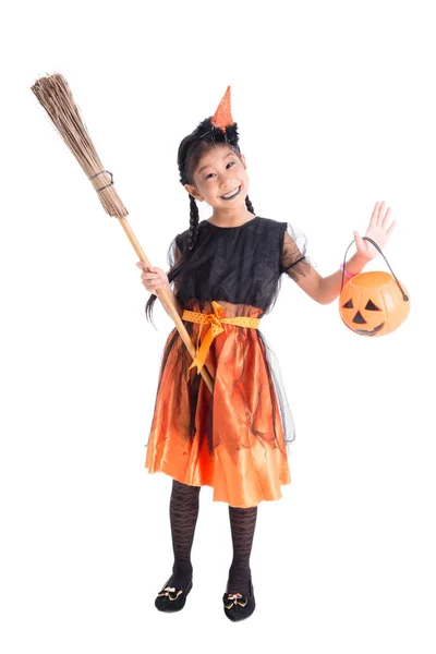 Full Längd Asiatisk Tjej Witch Kostym Stående Och Håller Halloween — Stockfoto