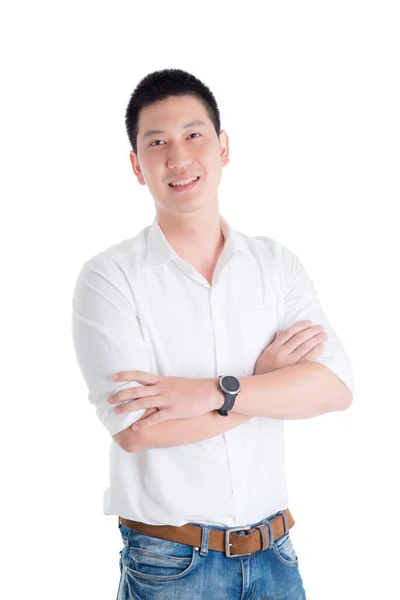 Asiático Guapo Hombre Blanco Camisa Pie Sonrisas Sobre Blanco Fondo —  Fotos de Stock