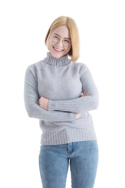 Mooie Aziatische Vrouw Het Dragen Van Een Bril Met Blond — Stockfoto