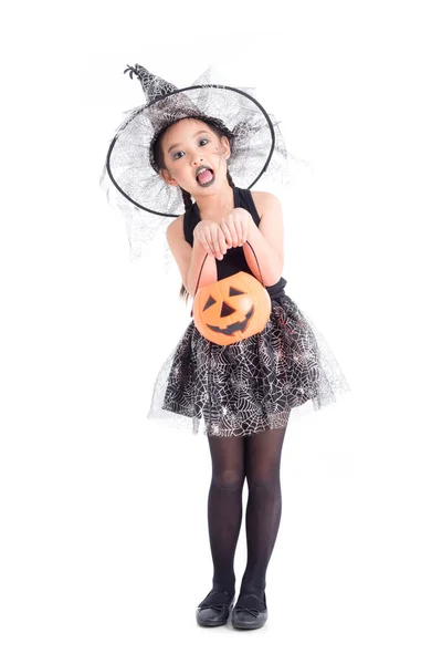 Comprimento Total Menina Asiática Halloween Traje Segurando Balde Abóbora Sobre — Fotografia de Stock
