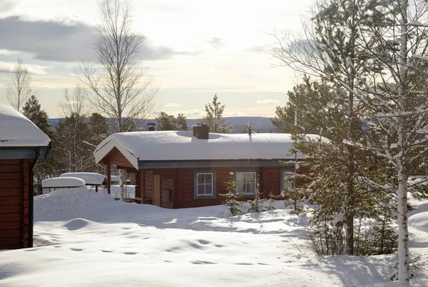 Typical wooden houses in Sweden during winter