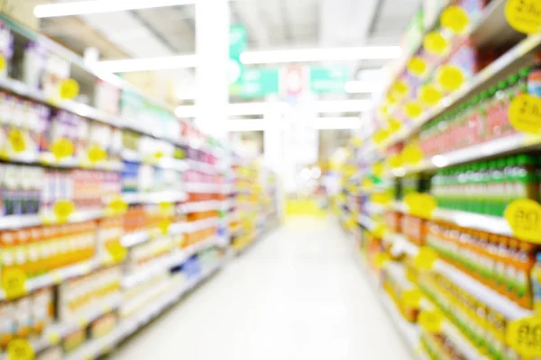 Supermarket Suddig Bakgrund Med Bokeh Diverse Produkt Hylla — Stockfoto
