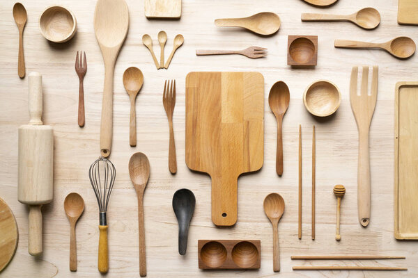 kitchen utensils for cooking on the wooden table, food prepare concept