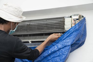 Tamirci ya da sabitleme ve yüksek basınçlı su jeti ile Klima ünitesi temizlik teknisyeni