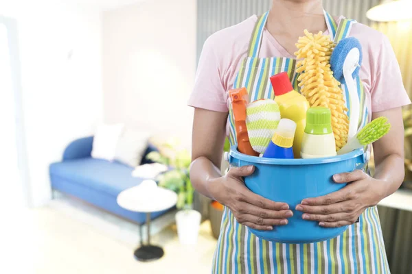 Woman Cleaning Equipment Ready Clean House Living Room — Stock Photo, Image