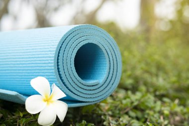 mavi yoga mat ve çiçek açık, sağlıklı fitness ve spor kavramı