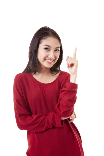 Portrait Beautiful Asian Girl Woman Has Idea Pointing White Background — Stock Photo, Image