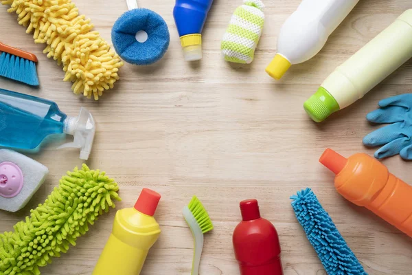 House cleaning product on wood table with copy space — Stock Photo, Image