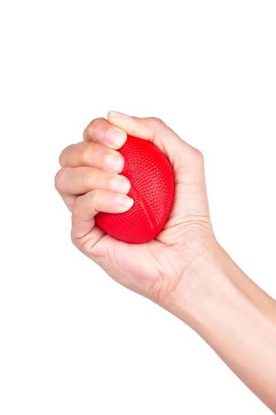 Frau Hand Hält Roten Stressball Isoliert Auf Weißem Hintergrund — Stockfoto