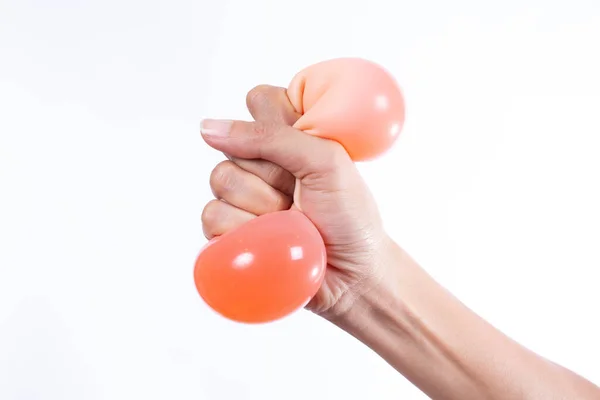 Frau Hand Hält Spannungsball Auf Isoliertem Weißen Hintergrund — Stockfoto