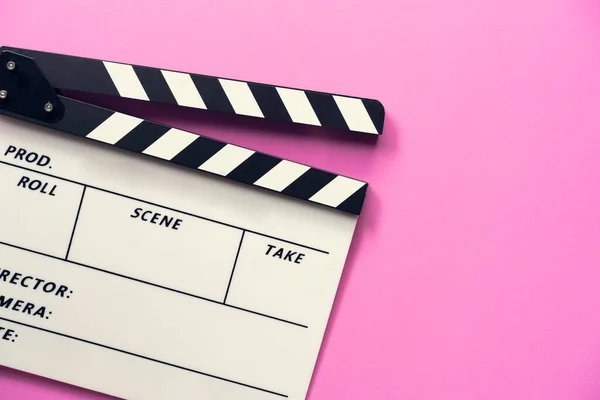 Movie Clapper Pink Table Background Film Cinema Video Photography Concept — Stock Photo, Image