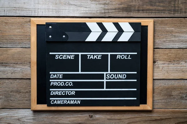 Movie Clapper Wood Table Background Film Cinema Video Photography Concept — Stock Photo, Image