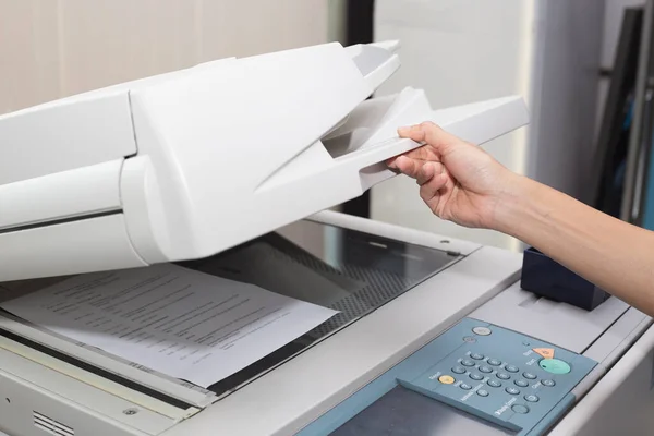 Woman Hands Putting Sheet Paper Copying Device Printer Office — Stock Photo, Image