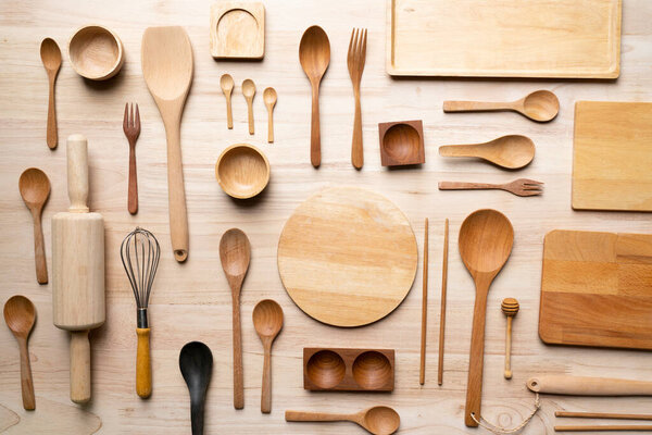 kitchen utensils for cooking on the wooden table, food prepare concept