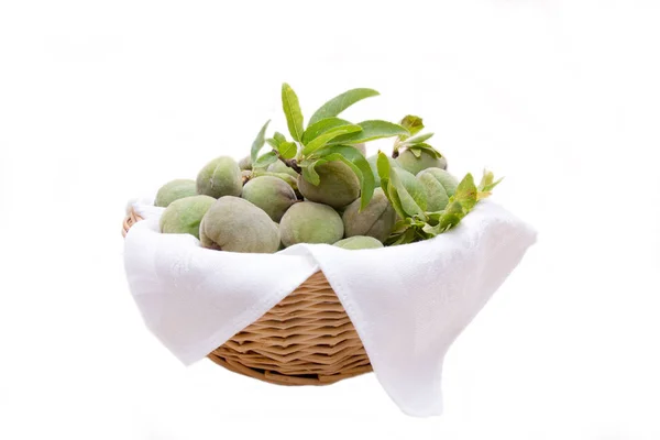 Fresh Almonds Wicker Basket White Background — Stock Photo, Image