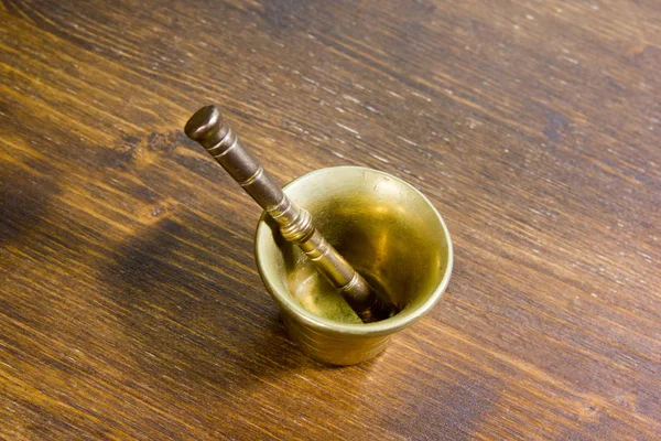 Metal Mortar Wooden Table Seen — Stock Photo, Image