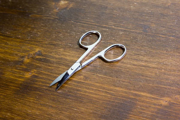 Manicure Schaar Een Houten Tafel Van Boven Gezien — Stockfoto