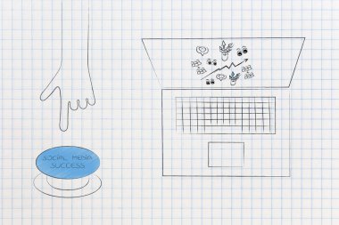 Dijital kavramsal illüstrasyon büyüme ve seo Pazarlama: yaklaşık sosyal medya başarı düğmeye sosyal medya istatistikleri ile dizüstü yanında el