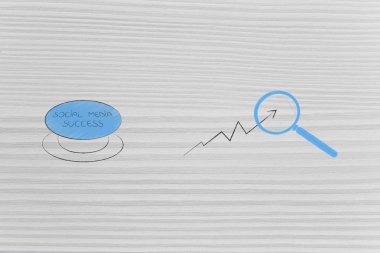 Dijital kavramsal illüstrasyon büyüme ve seo Pazarlama: sosyal medya başarı düğmesini yanındaki büyüteç onları analiz ile pozitif istatistikleri
