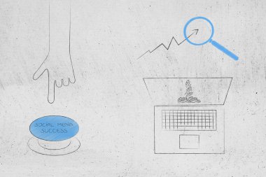 Dijital kavramsal illüstrasyon büyüme ve seo Pazarlama: el hakkında sosyal medya başarı dizüstü jetonlu yanında belgili tanımlık perde ve istatistikleri düğmeye