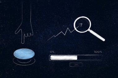 Dijital kavramsal illüstrasyon büyüme ve seo Pazarlama: el hakkında sosyal medya başarı olumlu istatistikleri yanındaki düğmeye bas ve yükleme bar ilerleme