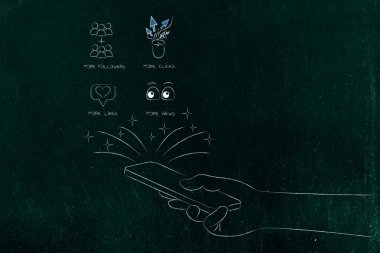 Dijital kavramsal illüstrasyon büyüme ve seo Pazarlama: takipçileri Tıklanma seviyor ve smartphone ekran dışarı haşhaş sayısı