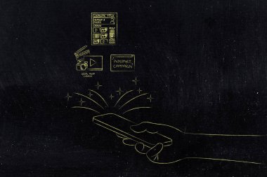 Dijital kavramsal illüstrasyon büyüme ve seo Pazarlama: smartphone ekran dışarı haşhaş Web sitesi sosyal medya içerik ve Internet kampanya ikonlar