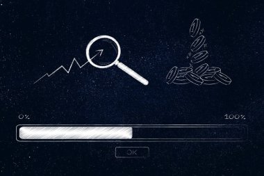 büyüme kavramsal illüstrasyon anlamak için analizi, mühendislerimizin iş istatistikleri: kar (jeton Düşüyor) ve ilerleme çubuğu yükleme yanında üzerine büyüteç ile istatistik