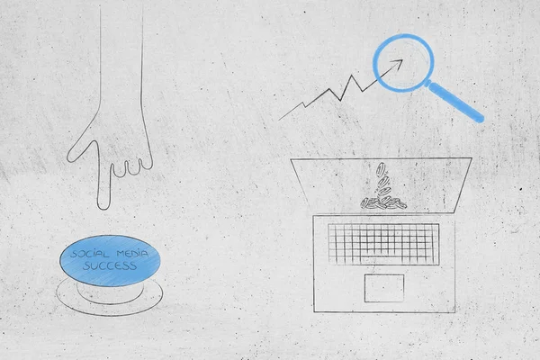Dijital kavramsal illüstrasyon büyüme ve seo Pazarlama: el hakkında sosyal medya başarı dizüstü jetonlu yanında belgili tanımlık perde ve istatistikleri düğmeye
