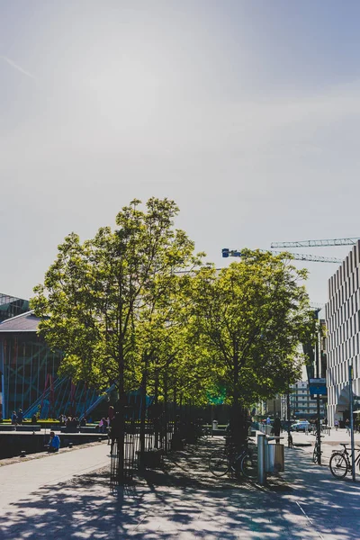 爱尔兰都柏林 2018年5月16日 在都柏林多克兰富裕的一侧有树木 自行车和行人的大运河广场细节 — 图库照片